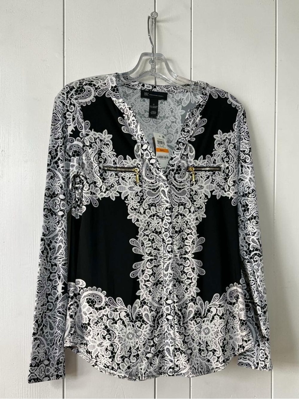 INC International Concepts Black & White Lace-Print Zip-Pocket Blouse size S NWT